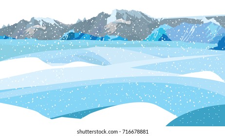 Winter landscape vector background. Snow falls winter view illustration. Mountain winter landscape. Christmas background