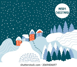 Winter landscape. Vector background with text Merry Christmas. Spruces, snow, lines, curves,  dots, snowflakes, drifts, cozy winter houses, moon.  Perfect for a postcard or poster