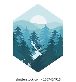 Winterlandschaft, Hirschsilhouette im Wald