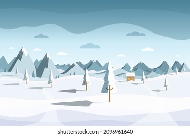 Winter landscape - vector. Field and trees covered with snow with frozen cabin and mountains on background.