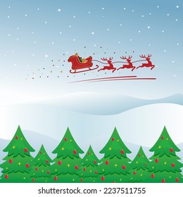 Winter landscape vector illustration, background template winter , santa rides a deer train over the snow forest