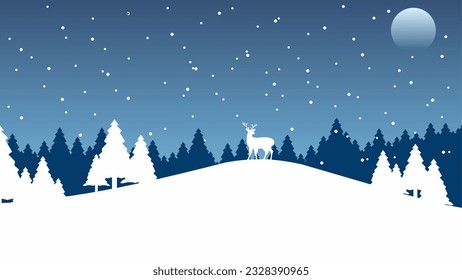 Winter landscape vector illustration. Winter background with deer and pine forest at the snow hill. Silhouette of cold season landscape for background, wallpaper, display or landing page