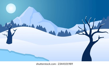 Winter landscape vector illustration. Winter background with frozen lake and dead tree. Silhouette of cold season landscape for background, wallpaper, display or landing page. Snow landscape with pine