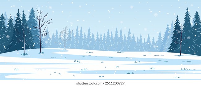 Winter landscape vector illustration. Beautiful panoramic winter landscape of a clearing in the forest under snow and snow-covered trees. Winter day outdoors in snowy weather. Christmas design.