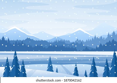 Winter landscape vector illustration. Cartoon mountain snowy wintery scene with lands fields under snow and ice, frozen pine tree forest and snowfall. Christmas blue nature scenery poster background