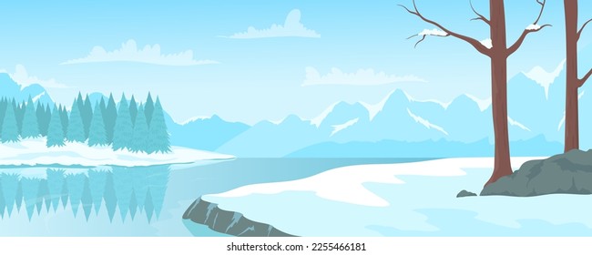 Ilustración vectorial del paisaje invernal. Escenario de dibujos animados con destino a montaña, bosque y río, montaña