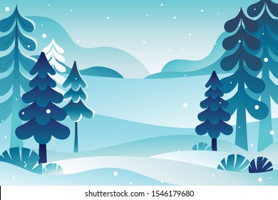 Winter landscape vector illustration with copy space for text - new year and Christmas holiday greeting card or banner design template - natural scene with pine trees and mountains and snow