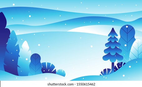 Winter landscape vector illustration with copy space for text - new year and Christmas holiday greeting card or banner design template - natural scene with pine trees and mountains and snow - abstract