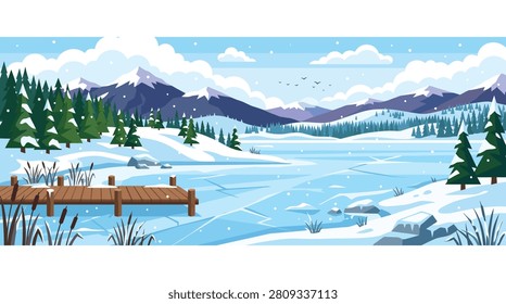 Winter landscape vector illustration featuring a frozen lake with a wooden pier surrounded by snow covered pine forest mountains