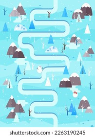 Winter landscape vector illustration. Flat style trees and firs with village cottage houses and mountains. Nature scene poster or card.