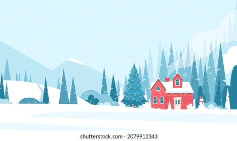 Winter landscape. Vector illustration of forest landscape with winter house, snowman, pines, snowy mountains, christmas trees. Small village in Xmas day. Happy Holidays greeting card, postcard