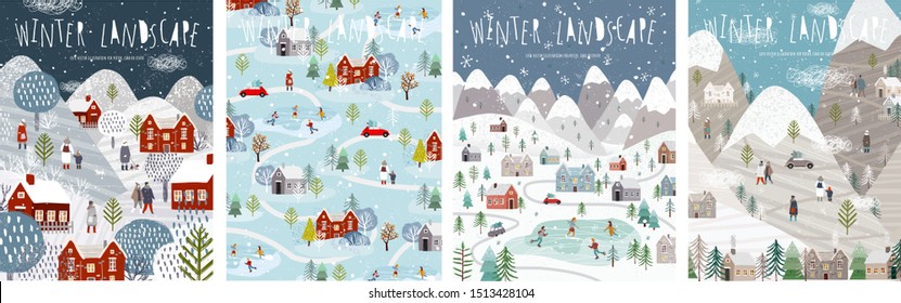 Winter landscape. Vector illustration of nature, city, houses, people, trees and mountains in the New Year and Christmas holidays. Drawings for poster, background or card.
 
