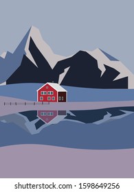  Winter landscape vector illustration of nature and house.