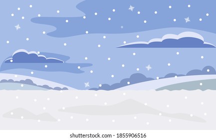 Winter landscape. Vector illustration of winter nature. Sky, clouds and snow. Winter background