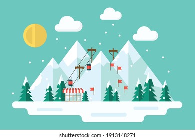 Winter landscape. Vector illustration of nature, city, houses, people, trees and mountains in the New Year and Christmas holidays. Drawings for poster, background or card.