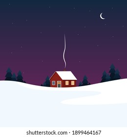 Winterlandschaft, Vektorgrafik. Nachtzeit Winter nordische Wahrzeichen mit skandinavischem Bauwerk rotes Haus, Fichte, Schnee und Sterne. Norwegen, Schweden, Finnland, Dänemark, das Konzept des Lebensstils.
