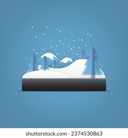 Winter Landscape Vector Illustration in Papercut Style with Trees, Snow, and Mountains