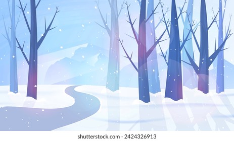 Winterlandschaft. Vektorgrafik. Straße mit Wald. Flache Darstellung. Schneefall Berge mit blauem Himmel. Design für Tapete, Hintergrund, Banner, Album.