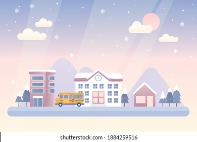 Winter landscape vector illustration with school and houses.