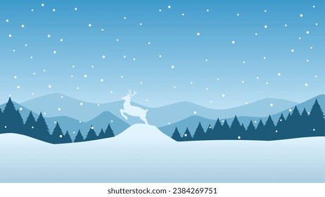 Ilustración vectorial del paisaje invernal. Silhouette de invierno con reno y bosque de pinos en la colina de la nieve. Silueta de la estación fría para fondo, fondo de pantalla o página de aterrizaje