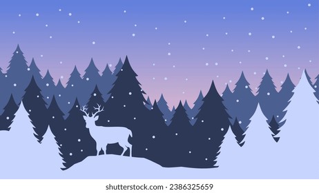 Winter landscape vector illustration. Winter silhouette with reindeer and pine forest in the snow hill. Silhouette of cold season for background, wallpaper or landing page