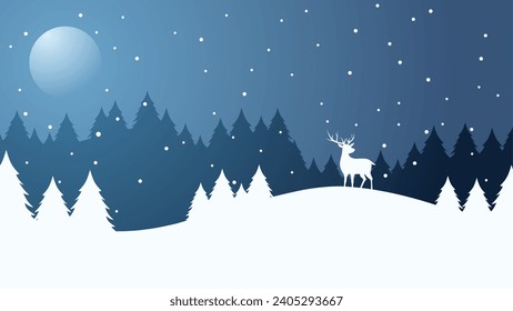 Ilustración vectorial del paisaje invernal. Silhouette de invierno con ciervos y pinares en la colina de la nieve. Paisaje de la estación fría para ilustración, fondo o fondo