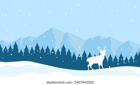 Ilustración vectorial del paisaje invernal. Silhouette de invierno con ciervos y pinares en la colina de la nieve. Paisaje de la estación fría para ilustración, fondo o fondo