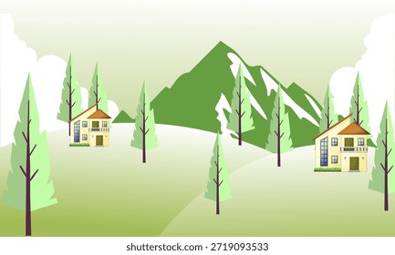 Ilustración vectorial paisajística invernal con una Pequeña cabaña de madera entre pinos en colinas nevadas bajo un cielo nocturno estrellado.