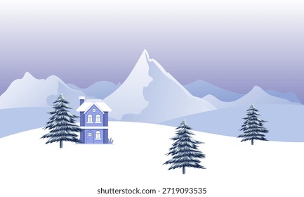 Ilustración vectorial paisajística invernal con una Pequeña cabaña de madera entre pinos en colinas nevadas bajo un cielo nocturno estrellado.