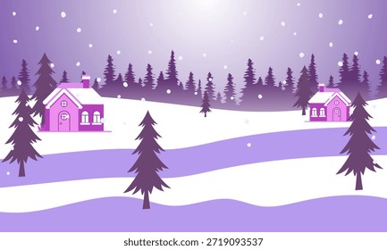 Winterlandschaft, Vektorgrafik mit einer kleinen Holzhütte zwischen Pinien auf verschneiten Hügeln unter einem Sternenhimmel.