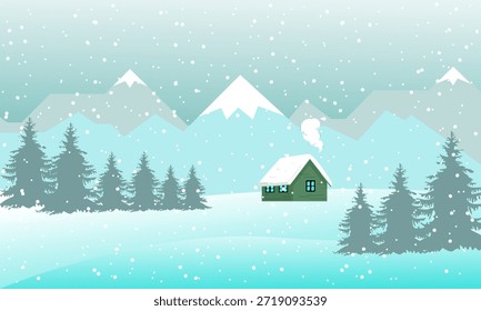 Ilustración vectorial paisajística invernal con una Pequeña cabaña de madera entre pinos en colinas nevadas bajo un cielo nocturno estrellado.