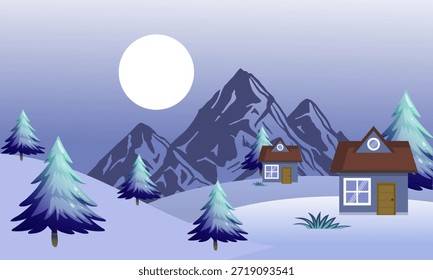 Winter landscape vector illustration with a small wooden cabin among pine trees on snowy hills under a starry night sky.