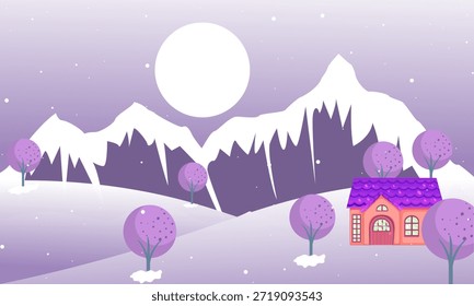 Ilustración vectorial paisajística invernal con una Pequeña cabaña de madera entre pinos en colinas nevadas bajo un cielo nocturno estrellado.