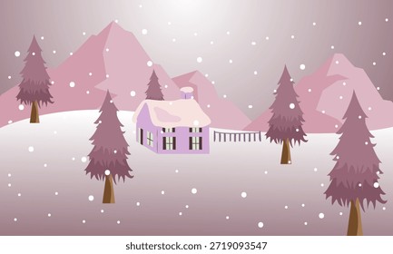 Ilustración vectorial paisajística invernal con una Pequeña cabaña de madera entre pinos en colinas nevadas bajo un cielo nocturno estrellado.