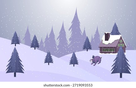 Ilustración vectorial paisajística invernal con una Pequeña cabaña de madera entre pinos en colinas nevadas bajo un cielo nocturno estrellado.