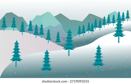 Ilustración vectorial paisajística invernal con una Pequeña cabaña de madera entre pinos en colinas nevadas bajo un cielo nocturno estrellado.