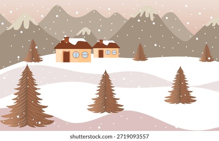Ilustración vectorial paisajística invernal con una Pequeña cabaña de madera entre pinos en colinas nevadas bajo un cielo nocturno estrellado.