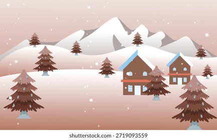 Ilustración vectorial paisajística invernal con una Pequeña cabaña de madera entre pinos en colinas nevadas bajo un cielo nocturno estrellado.