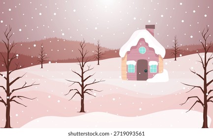 Ilustración vectorial paisajística invernal con una Pequeña cabaña de madera entre pinos en colinas nevadas bajo un cielo nocturno estrellado.