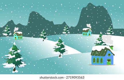 Ilustración vectorial paisajística invernal con una Pequeña cabaña de madera entre pinos en colinas nevadas bajo un cielo nocturno estrellado.