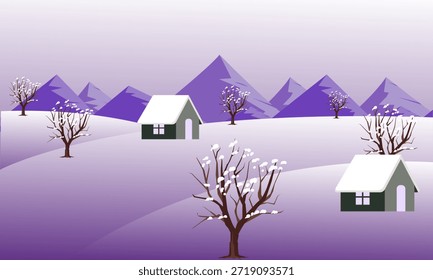 Winter landscape vector illustration with a small wooden cabin among pine trees on snowy hills under a starry night sky.