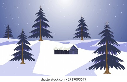 Ilustração de vetor paisagem de inverno com uma pequena cabana de madeira entre pinheiros em colinas nevadas sob um céu estrelado à noite.