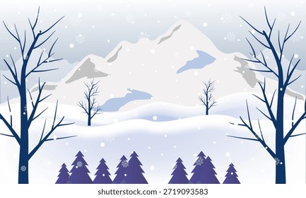 Winter landscape vector illustration with a small wooden cabin among pine trees on snowy hills under a starry night sky.