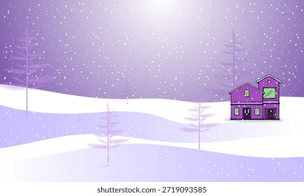 Ilustración vectorial paisajística invernal con una Pequeña cabaña de madera entre pinos en colinas nevadas bajo un cielo nocturno estrellado.
