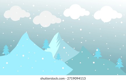 Ilustración vectorial paisajística invernal con una Pequeña cabaña de madera entre pinos en colinas nevadas bajo un cielo nocturno estrellado.