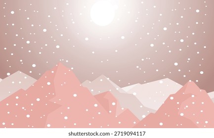 Ilustración vectorial paisajística invernal con una Pequeña cabaña de madera entre pinos en colinas nevadas bajo un cielo nocturno estrellado.