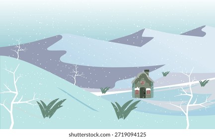 Ilustración vectorial paisajística invernal con una Pequeña cabaña de madera entre pinos en colinas nevadas bajo un cielo nocturno estrellado.