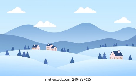 Ilustración vectorial del paisaje invernal. Colinas de nieve, montañas, fondo de casas y pinos, tapicería temática de la nieve en invierno