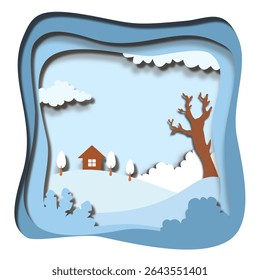 winter landscape vector illustration with snow and paper cut trees