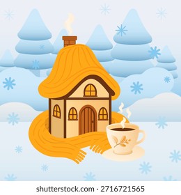Ilustración vectorial de paisaje de invierno. Colinas de nieve, montañas, casa y fondo de pinos, Fondo de pantalla con temática de nieve invernal. ilustración emocional. encantador pueblo invernal con. Casa linda colorida, colinas cubiertas de nieve y pinos. Perfecto para tarjetas de Navidad, Anuncios y postes de temporada. Taza de té, café, bebida caliente. Preciosa casa
Manténgase caliente en un valle nevado. Bufanda caliente y sombrero, estación fría
